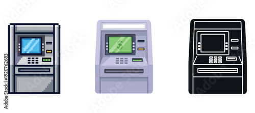 Three atm designs: modern automated teller machines with keypad and screen