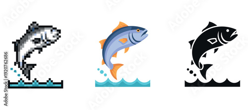 Diverse fish illustrations: pixelated graphic, vector design, silhouette icon