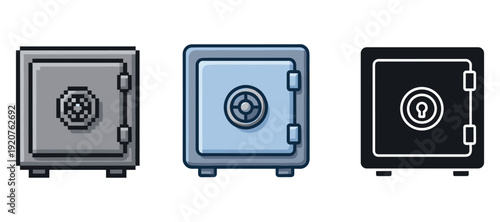 Three varied safe designs: pixelated, modern blue, and minimalist black with locks