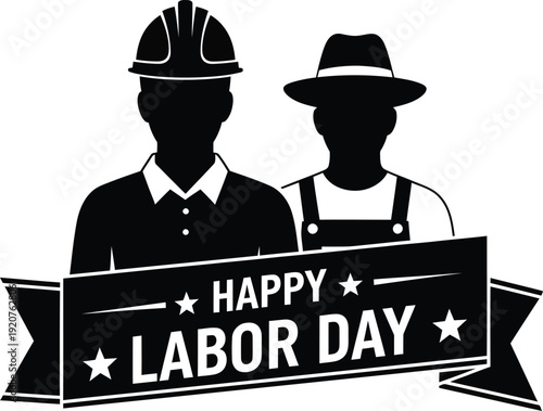 Black silhouette illustration for Happy Labor Day featuring a construction worker in a hard hat and a manual laborer in a fedora behind a festive banner with stars to honor workforce AI Generative
