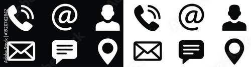 Black and White Icons for Communication and Contact on Contrasting Backgrounds phone