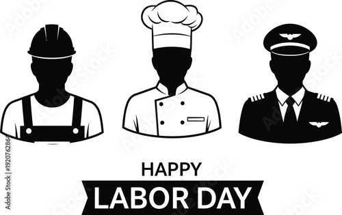 Happy Labor Day illustration featuring professional silhouettes of a construction worker, chef, and pilot in uniform for workforce appreciation, holiday greetings, and poster design AI Generative
