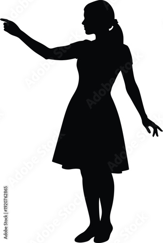 Full length profile silhouette illustration of a young woman in a stylish summer dress standing and pointing her finger towards something in a clean minimalist lifestyle style AI Generative
