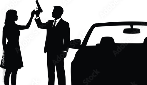 Dramatic silhouette illustration of a professional secret agent man in a suit holding a pistol handgun with a woman in a dress standing near a luxury convertible car cinematic thriller AI Generative