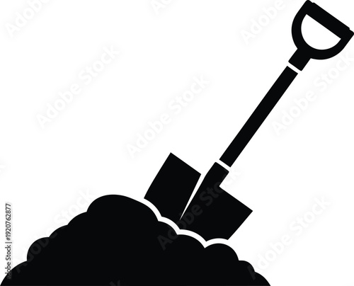 Black silhouette illustration of a professional metal shovel or spade stuck in a large mound of soil or dirt for gardening construction site excavation and landscaping concepts AI Generative
