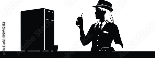 Side view silhouette of a woman wearing a hat and tie holding a cup while standing next to a large computer or coffee machine in a minimalist style for office and cafe concepts AI Generative
