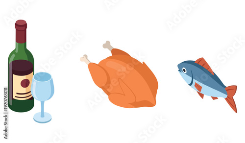 Wine bottle, roast chicken, and fish on white background: culinary delight