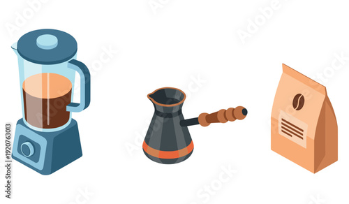 Isometric kitchen tools: blender, coffee pot, and bag of coffee beans
