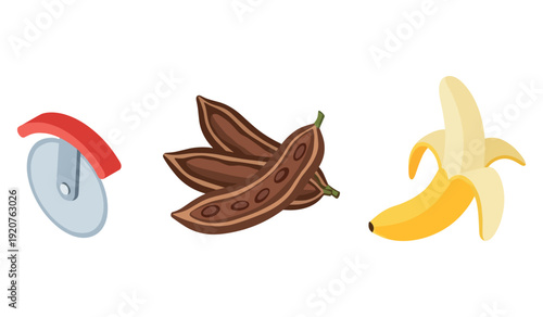 Pizza cutter, carob pods, and banana on white background