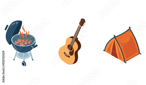 Bbq grill, acoustic guitar, and camping tent icons in summer adventure theme