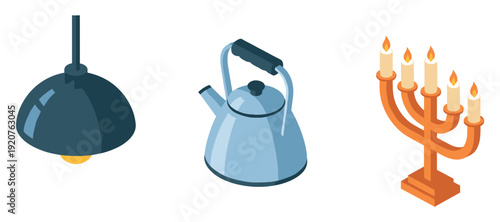Isometric objects: ceiling lamp, kettle, and candelabrum