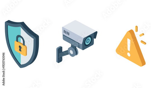 Security icons: shield, surveillance camera, alert triangle for safety awareness