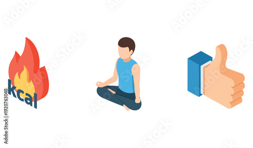 Young caucasian male meditating with fire and thumbs up icons