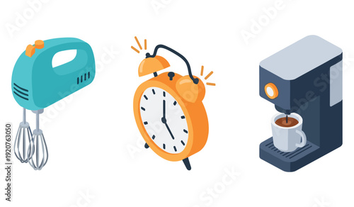 Kitchen mixer, vintage alarm clock, and coffee maker on white background