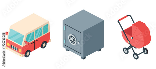 Isometric red minivan safe and baby stroller on white background