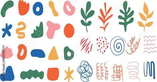 Colorful Hand-Drawn Abstract Shapes, Leaves, and Organic Designs for Creative and Modern Graphic Design Projects