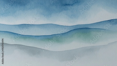 Soft watercolor mountain layers fading into mist in blue tones. Minimal serene landscape background. Generative AI.