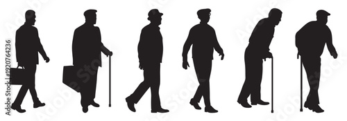 Senior man aging process silhouettes showing gradual progression from healthy adult to elderly person using walking cane for support and assistance set. silhouettes of peopvector silhouette of a woman