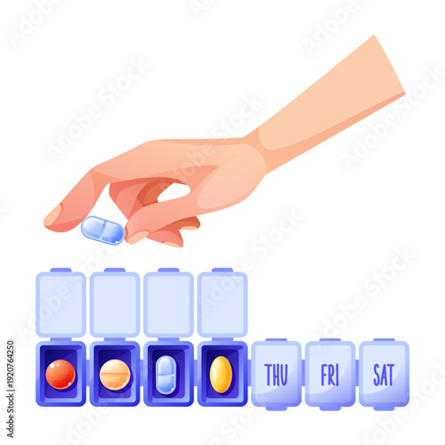 A weekly pillbox for pills and medications, a human hand holding, sorting, and distributing pills. A plastic pill organizer box, top view.