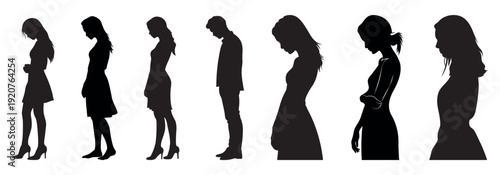 Sad people silhouettes set vector illustration, silhouette of a woman. depression and sorrow concept, men and women grieving, feeling upset. human body silhouette. vector silhouette of a woman