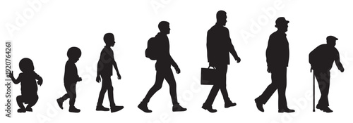 Human aging process from baby to old man walking silhouette. vector silhouettes of people. side view silhouette vector illustration set, different ages. silhouette of a man. silhouettes of people