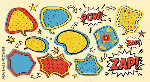 Vintage Comic Book Speech Bubble Set with Retro Halftone Texture, Pop Art Action Clouds and Zap Pow Sound Effects on Cream Background