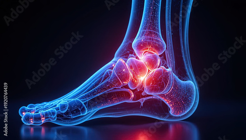 Illuminated representation of human foot bones highlights areas of potential joint stress or inflammation.