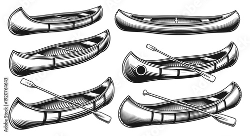 Collection of Vintage Canoes and Paddles Illustration.