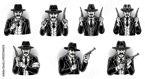 Vintage Gangster Collection With Guns Illustration.