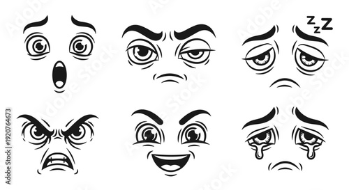 Collection of Six Expressive Cartoon Faces Showing Different Emotions.