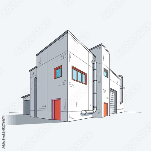 Modern industrial building with red accents and large garage doors.