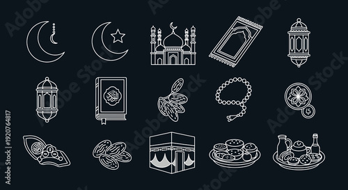 Islamic Cultural Icons Set White Line Art on Dark Blue Background muslim ramadan