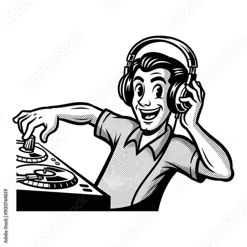 Excited DJ Wearing Headphones Playing Music on Turntables.