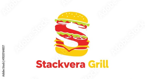 Appetizing Stackvera Grill restaurant logo featuring a colorful gourmet burger icon, representing delicious fast food, on an isolated white background.