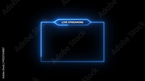Live streaming frame overlay for online broadcast layout. Glowing neon blue live streaming overlay frame on dark background, futuristic HUD style with blank center for webcam or gameplay screen.