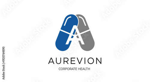 Blue and grey pill capsules forming letter 'A' logo for Aurevion Corporate Health, isolated white background.
