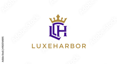 Purple 'LH' initials with golden crown logo for LuxeHarbor, symbolizing luxury and exclusivity, isolated white background.