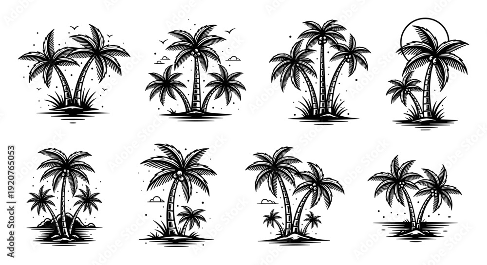Fototapeta premium Collection of Stylized Palm Tree Illustrations for Tropical Themes.