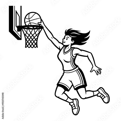 Woman basketball player dunking ball into hoop.