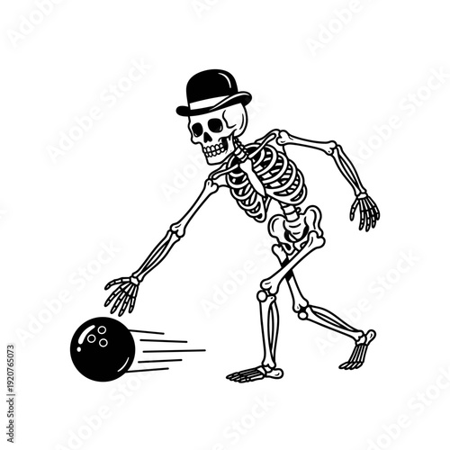 Skeleton bowler wearing a hat plays bowling.