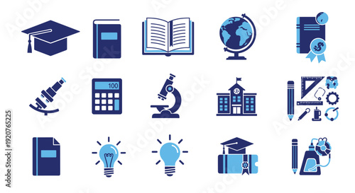 Collection of Education and Learning Icons in Blue and Teal school graduation cap