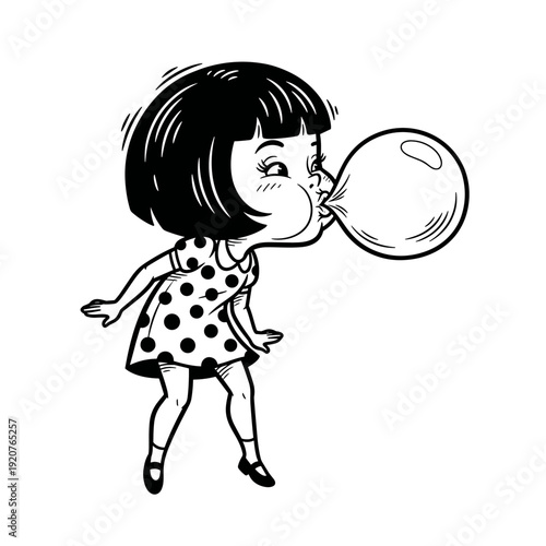 Retro Girl Blowing Large Bubble Gum Balloon.