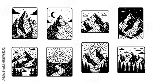 Collection of Vintage Mountain Landscape Illustrations.