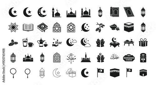 Collection of Islamic and Ramadan Icons in Black Silhouette mosque crescent moon