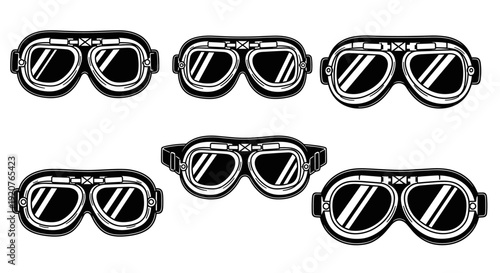 Collection of Vintage Aviator Goggles in Black and White Style.