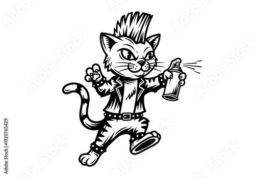 Punk rock cat character with mohawk and spray can.
