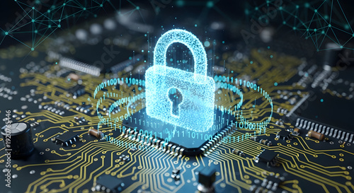 Digital Security Lock on Computer Chip, Cyber Security Concept