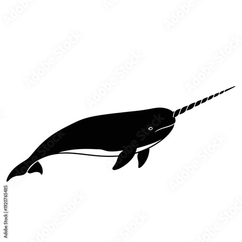 Black and white illustration of a narwhal swimming in the ocean.