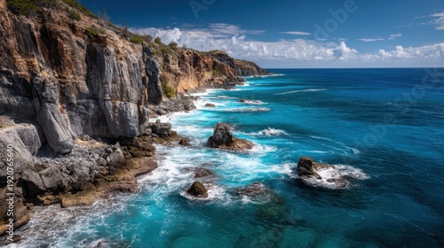 Waves crash against a rocky shoreline under a clear sky. The water is a vibrant blue with white foam. This coastal scene shows the beauty of nature by the sea.