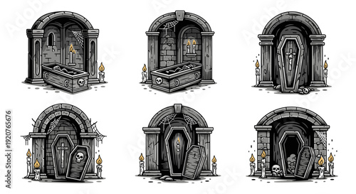 Collection of Gothic Tombs with Coffins and Skeletons.